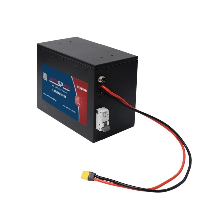 front view of 12.8V 75Ah lithium battery with M8 terminals and black casing